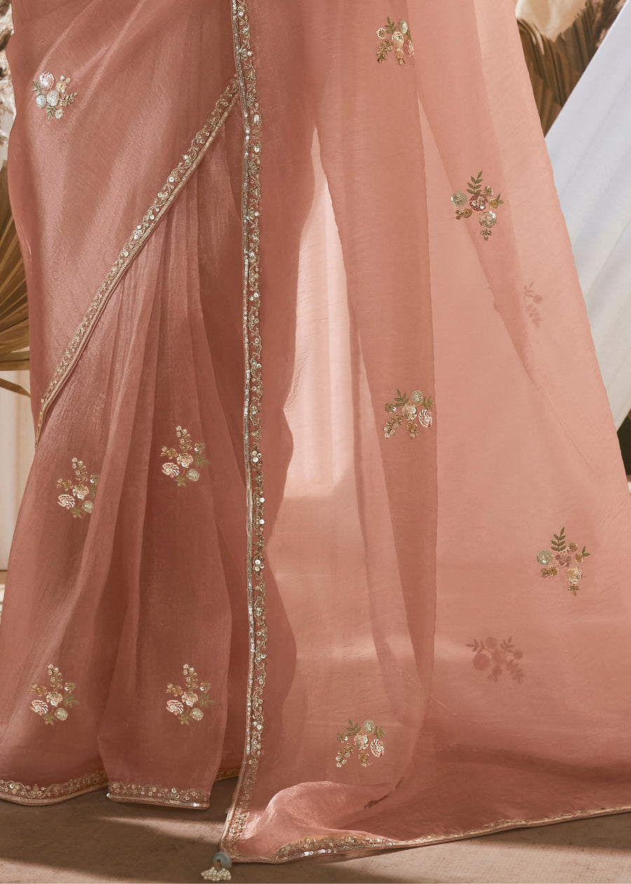 Peach Organza Tissue Silk Embroidered Saree & Printed Turquoise Blue Blouse