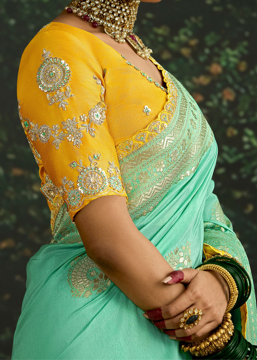 Sea Green Dola Banarasi Silk Saree & Yellow Embroidered Blouse
