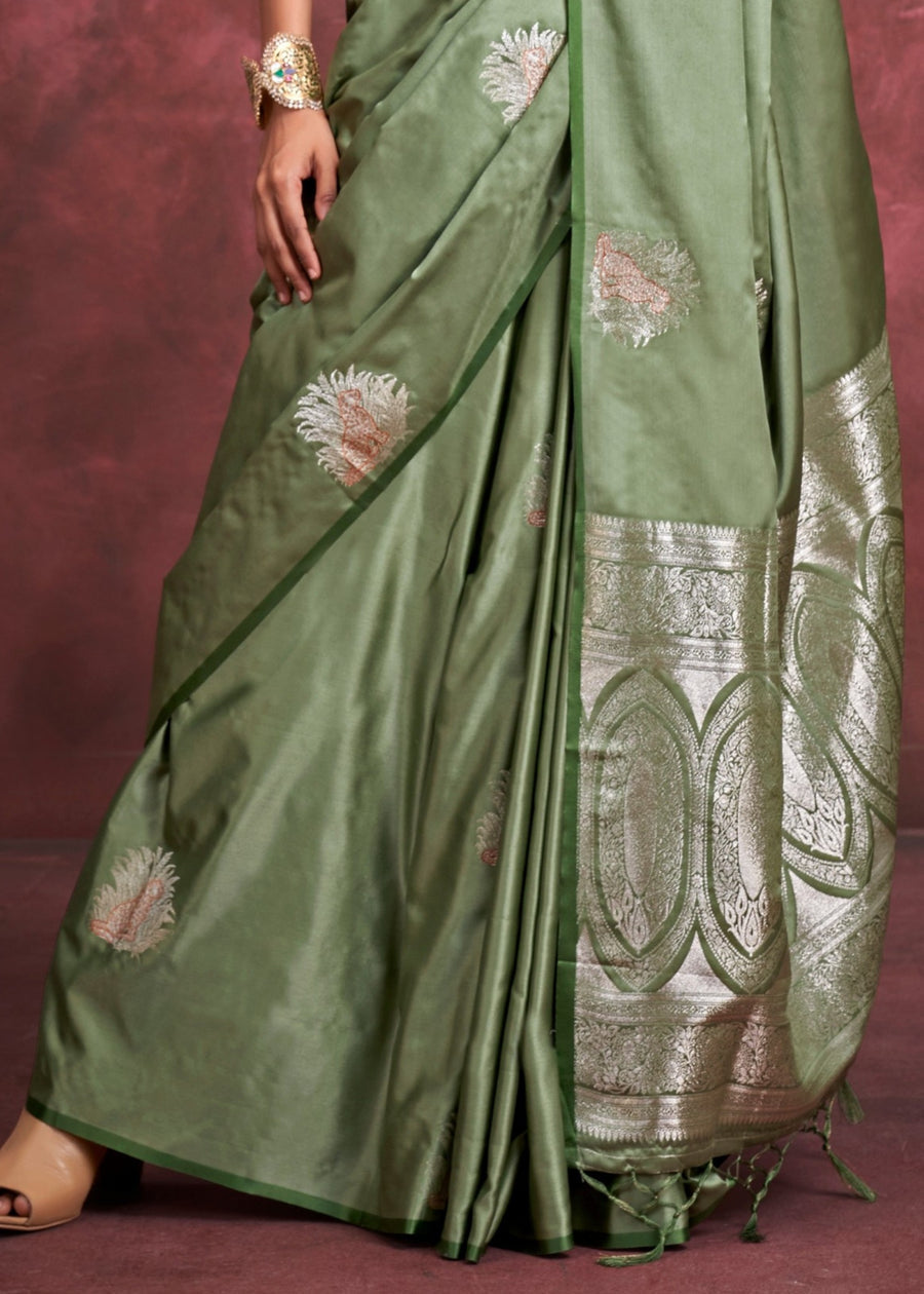 Pure Banarasi Satin Silk Handloom Zari Weaving Olive Green Saree