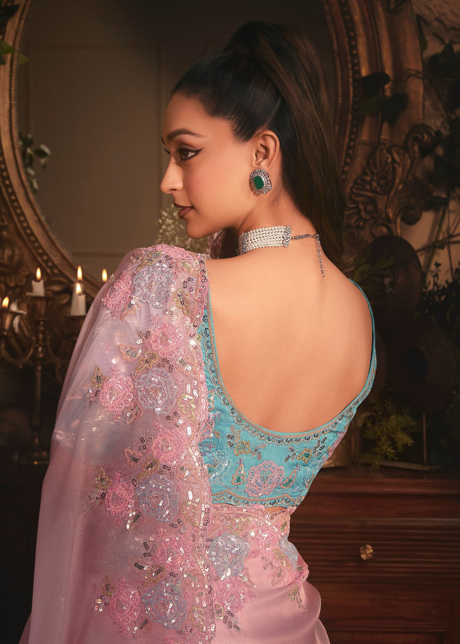 Pastel Pink Organza Tissue Silk Saree & Blue Blouse With Embroidery Work