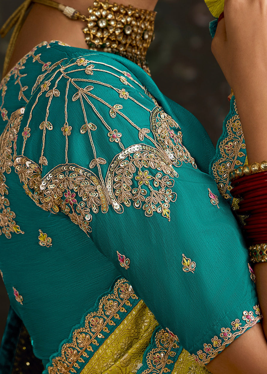 Lime Yellow Dola Banarasi Silk Saree & Teal Green Embroidered Blouse