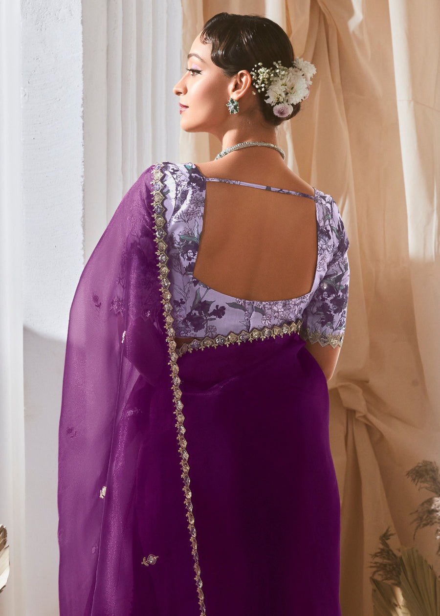 Violet Purple Organza Tissue Silk Embroidered Saree & Printed Blouse