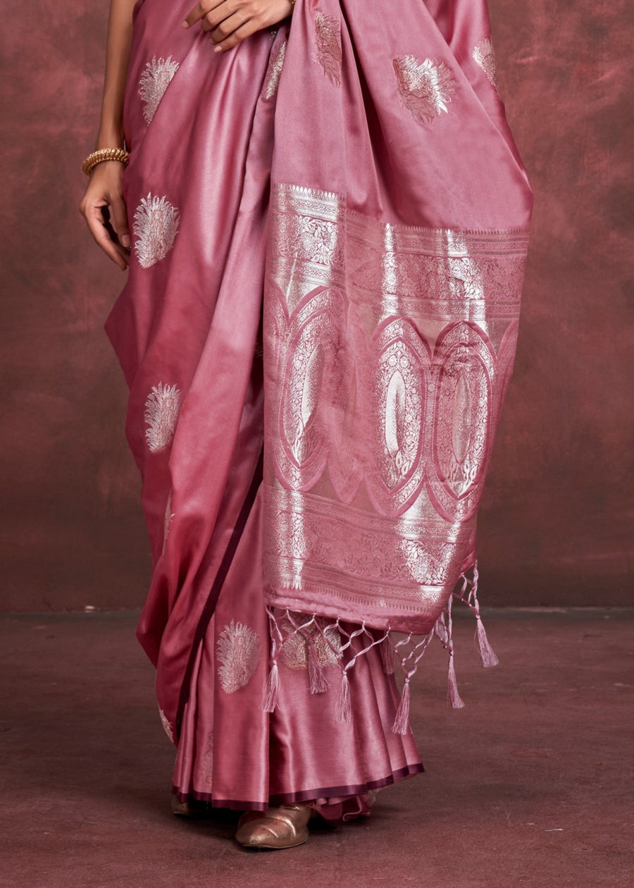 Pure Banarasi Satin Silk Handloom Zari Weaving Pink Saree