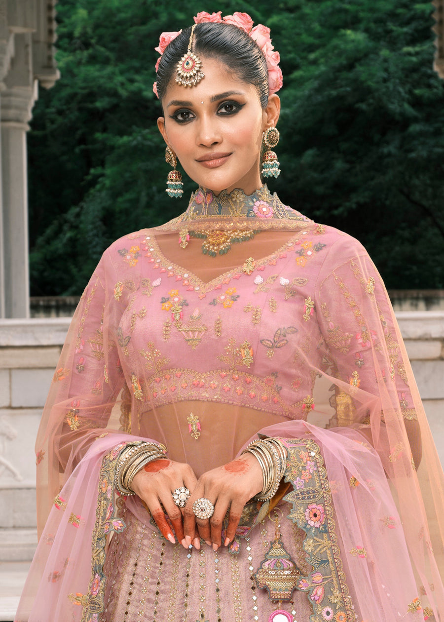 Pastel Pink & Grey Ombre Effect Mirror Work Embroidered Silk Lehenga Choli