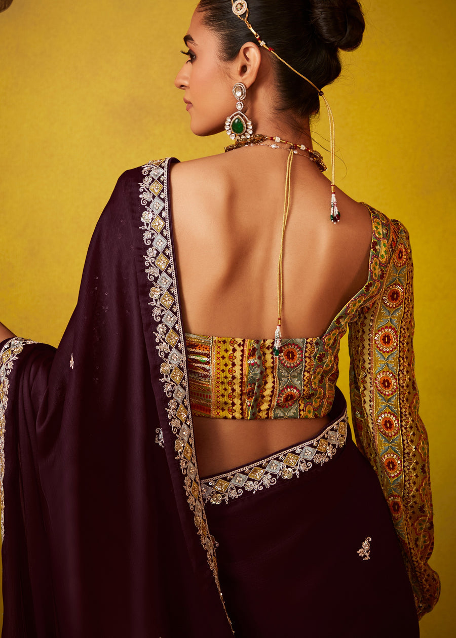 Deep Maroon Glass Tissue Silk Embroidered Saree & Yellow Printed Blouse