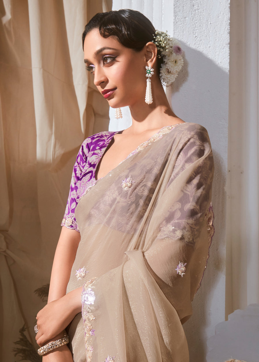 Beige Organza Tissue Silk Embroidered Saree & Purple Printed Blouse