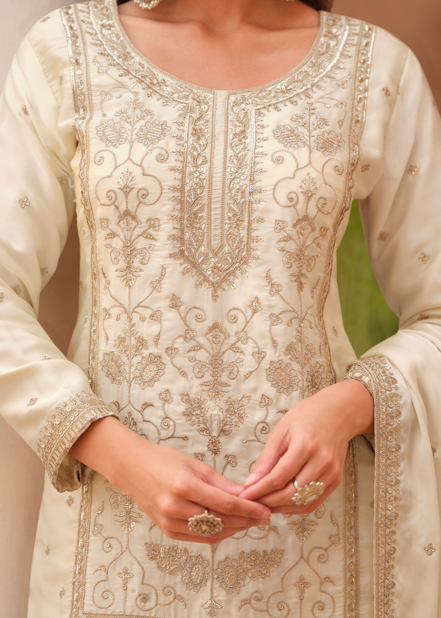 Readymade Creamy White Embroidered Silk Sharara Suit Set with Dupatta