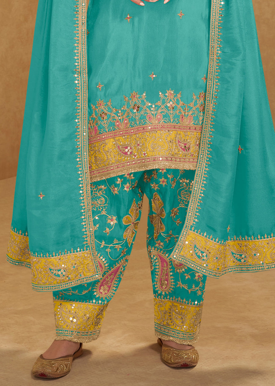 Turquoise Blue Simar Silk Narrow Pant Suit Set With Dupatta