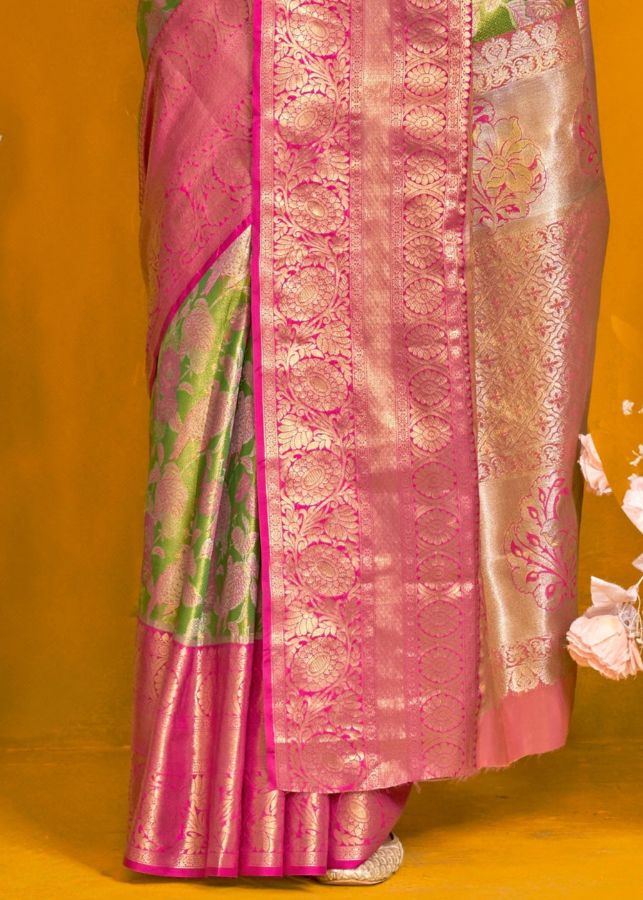 Lawn Green and Pink Kanjivaram Silk Handloom Saree