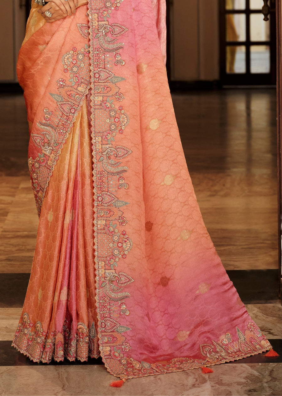 Peach & Pink Multicolor Ombre Soft Banarasi Silk Embroidered Saree