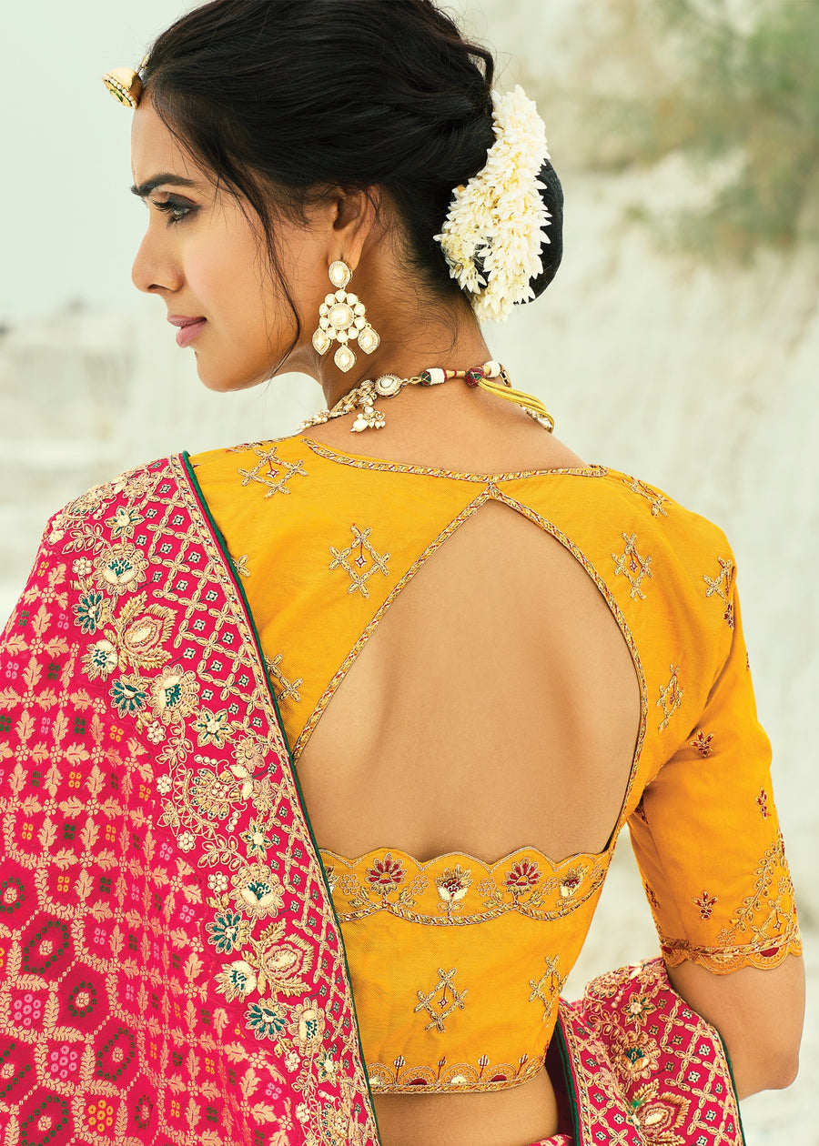 Pinkish Red Khaddi Georgette Embroidered Bandhani Saree & Yellow Blouse