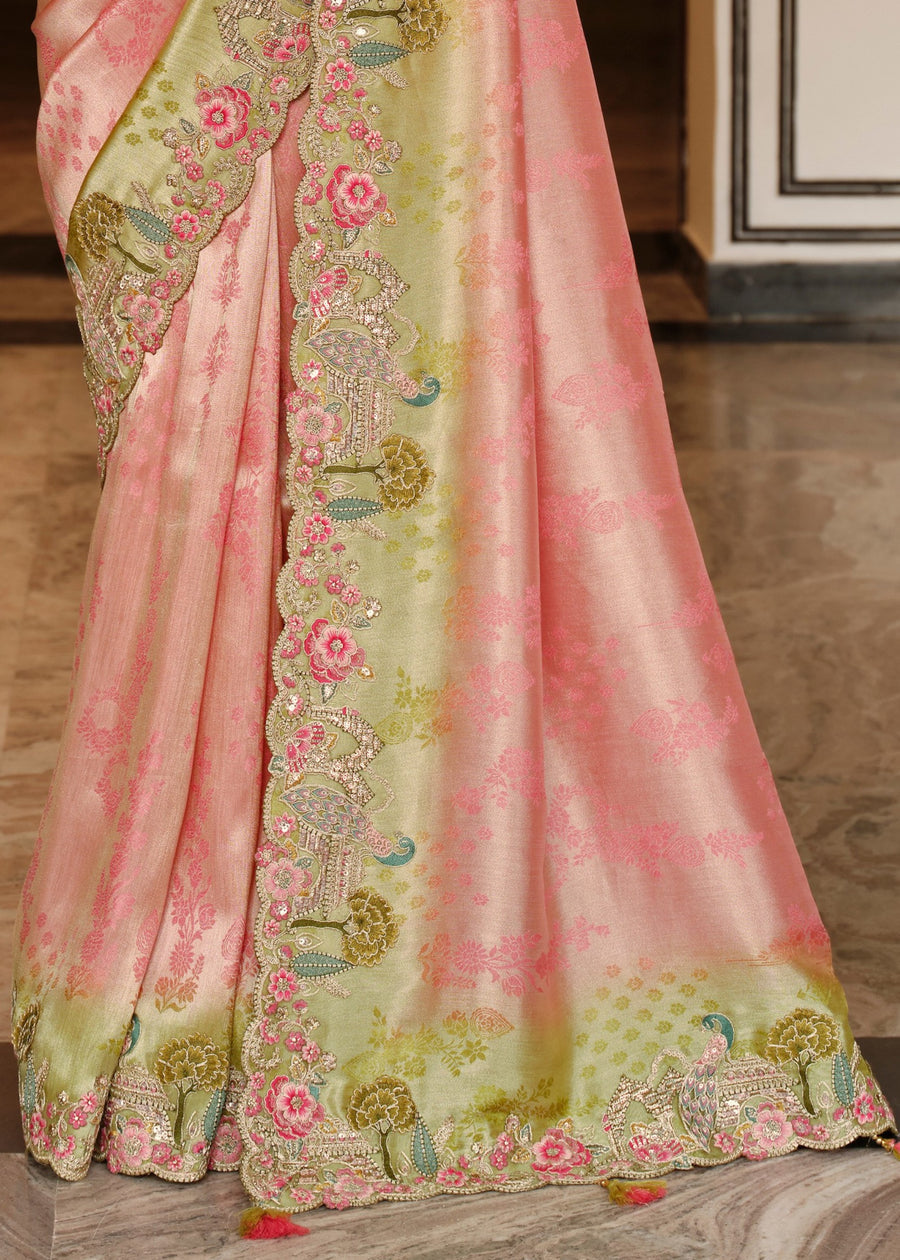Pastel Pink & Green Ombre Soft Banarasi Silk Embroidered Saree