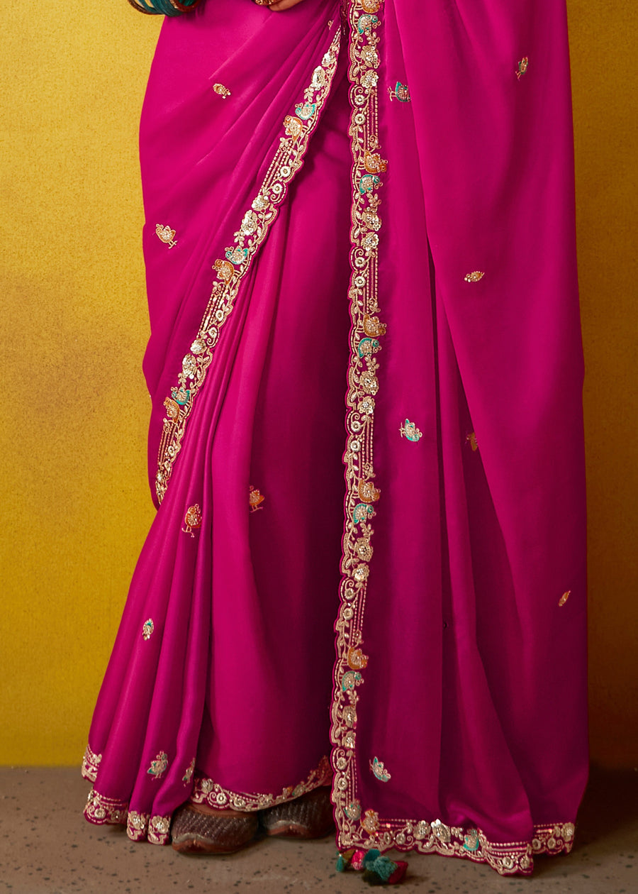 Hot Pink Glass Tissue Silk Embroidered Saree & Blue Printed Blouse