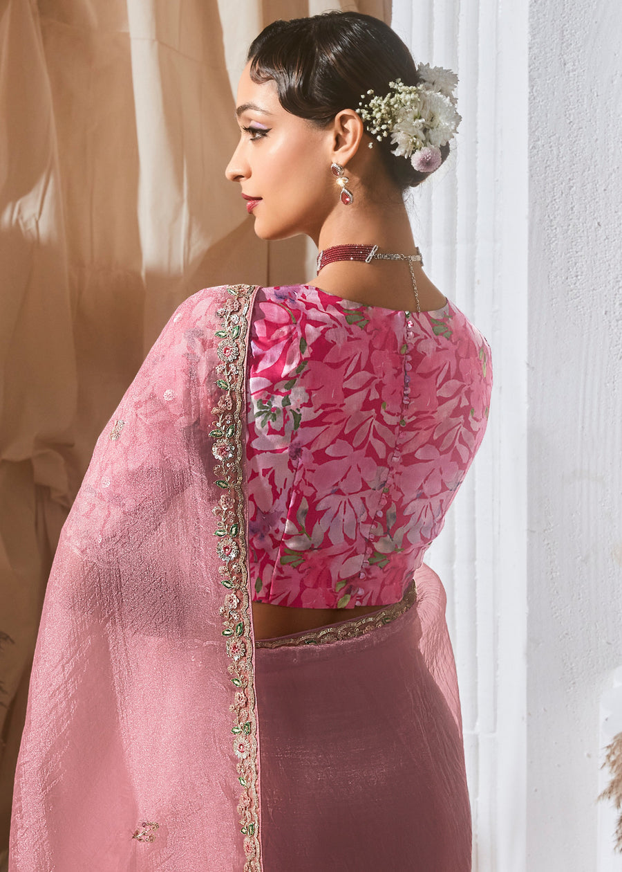 Pastel Pink Organza Tissue Silk Embroidered Saree & Printed Blouse