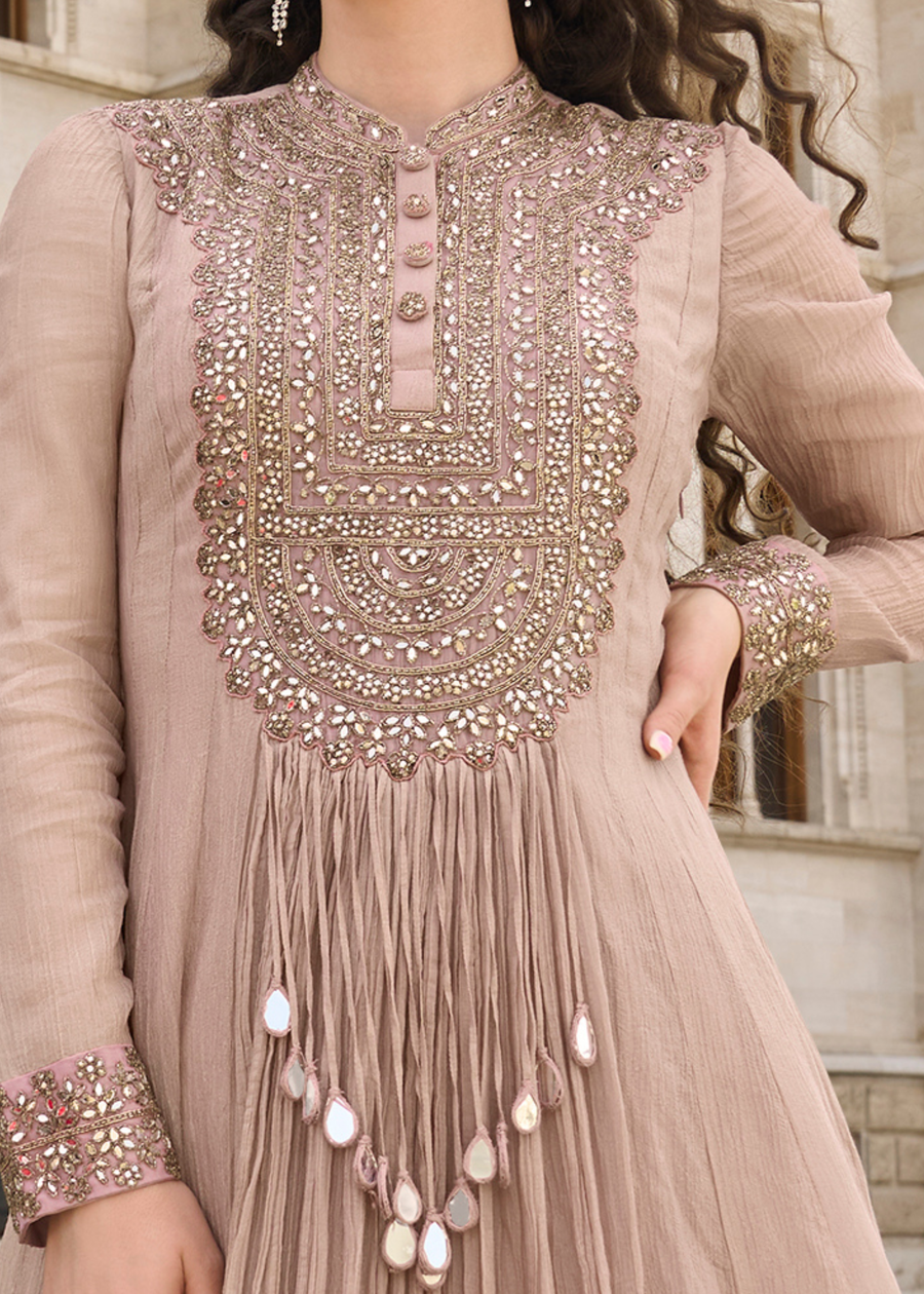 Pastel Brown Chinon Silk Mirror Work Anarkali Gown Suit With Dupatta