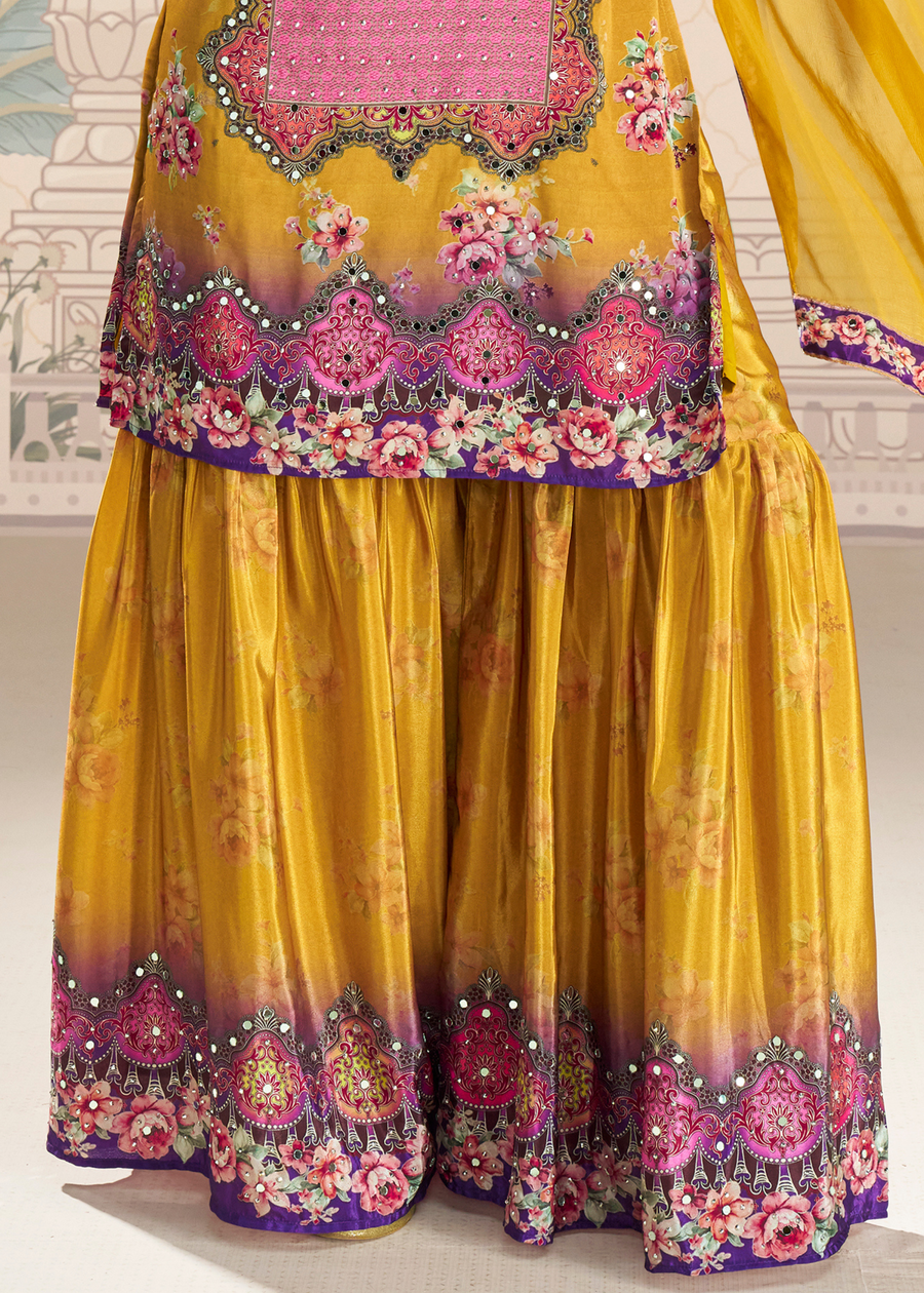 Mustard Yellow Crepe Silk Sharara Suit With Dupatta