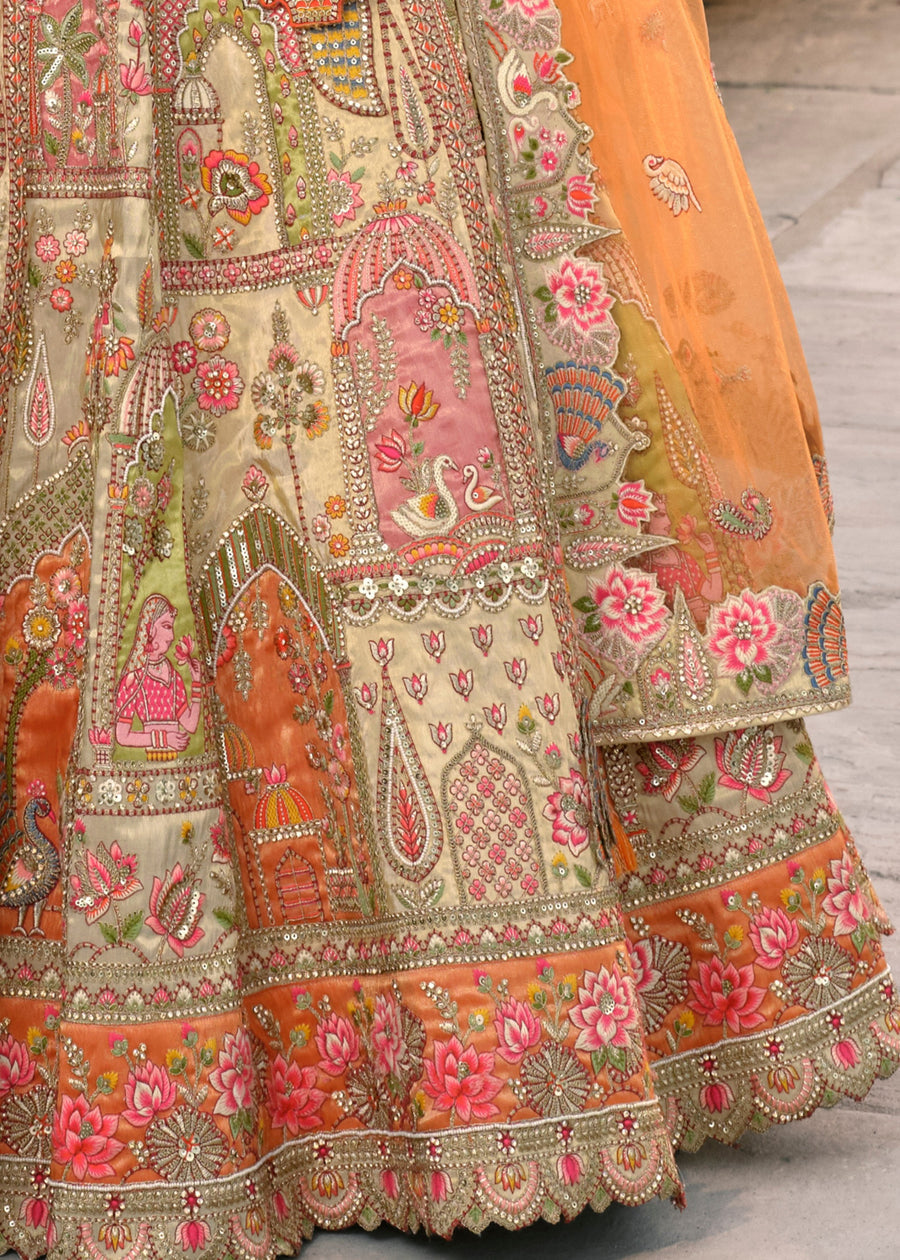 Light Golden & Orange Embroidered Banarasi Silk Lehenga Choli