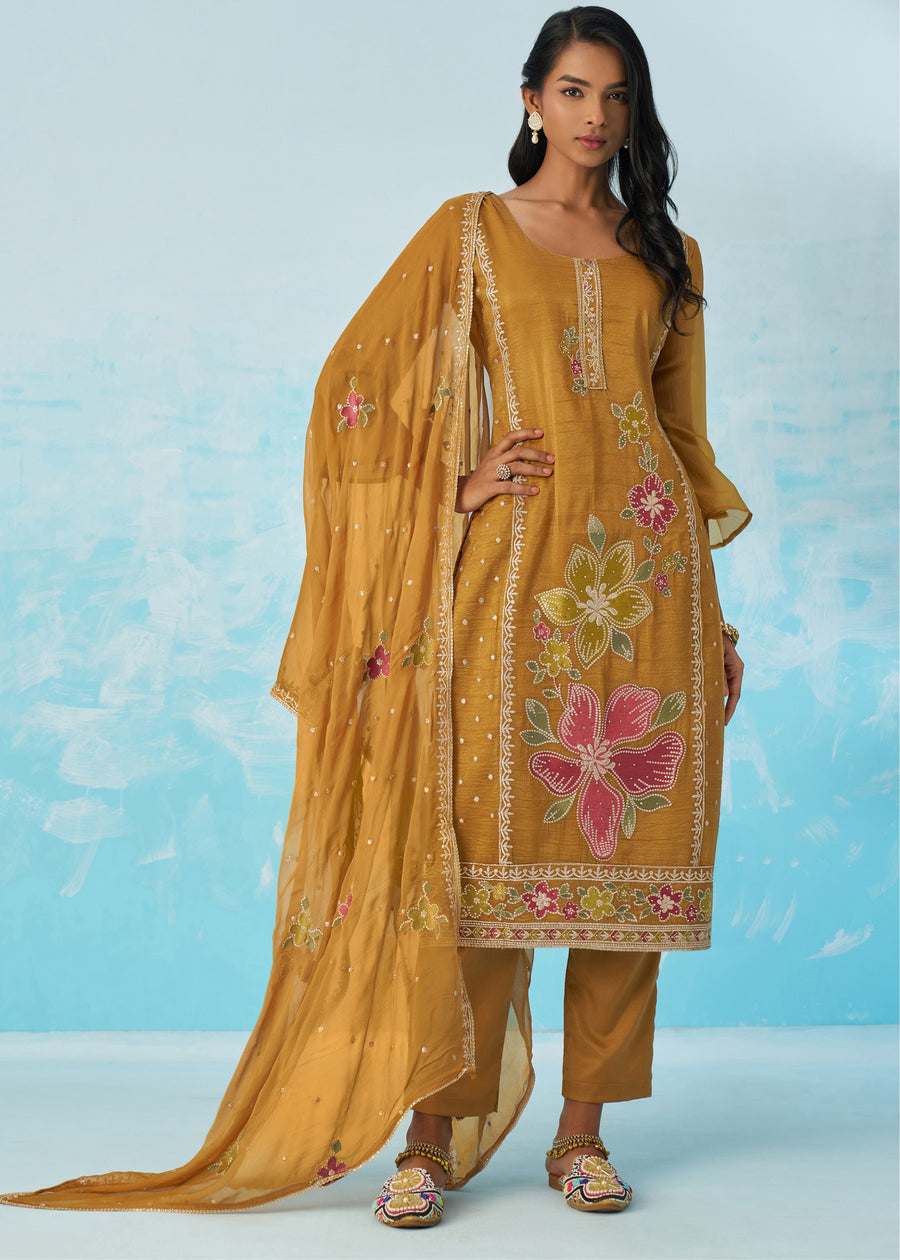 Mustard Yellow Crushed Tissue Silk Ethnic Pant Style Suit With Dupatta