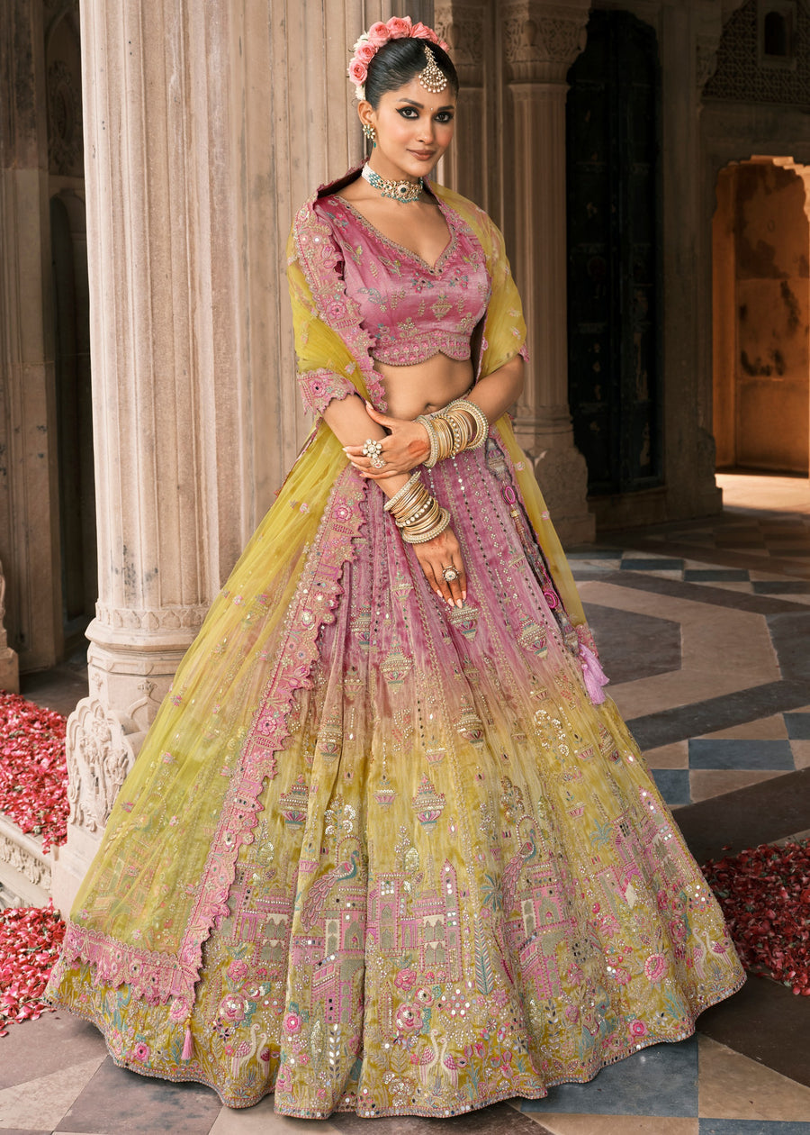 Pastel Pink & Lime Yellow Ombre Effect Embroidered Silk Lehenga Choli