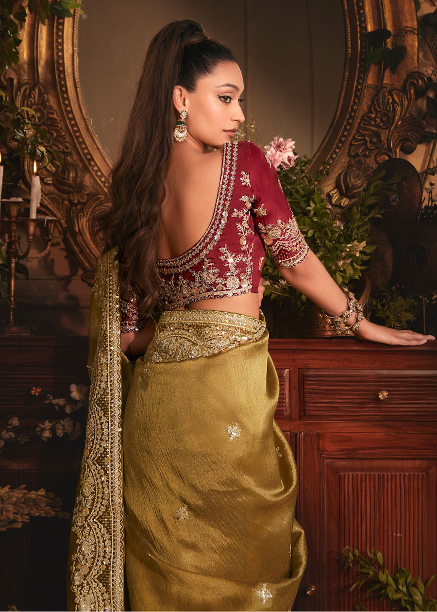 Mustard Yellow Organza Tissue Silk Saree & Red Blouse With Embroidery Work
