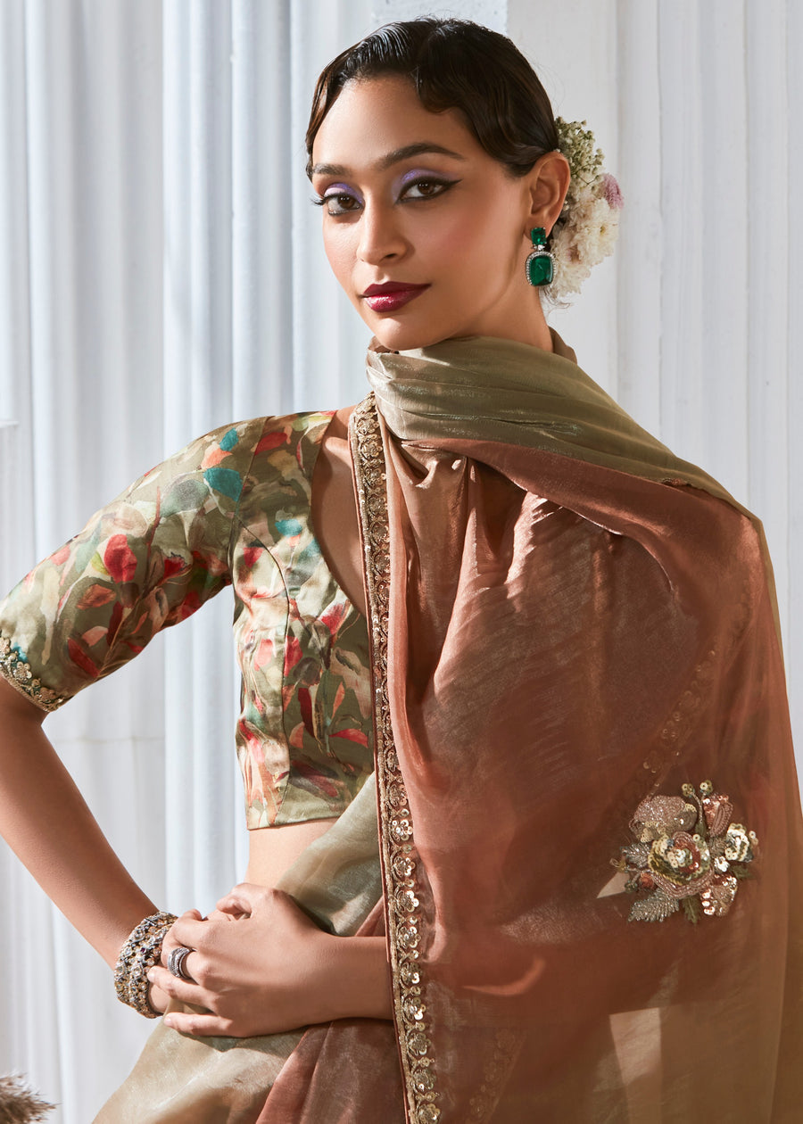 Pastel Brown & Olive Green Organza Tissue Silk Embroidered Saree & Printed Blouse