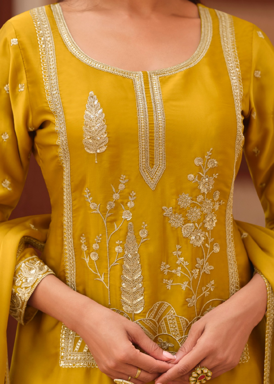 Readymade Mustard Yellow Embroidered Silk Sharara Suit Set with Dupatta