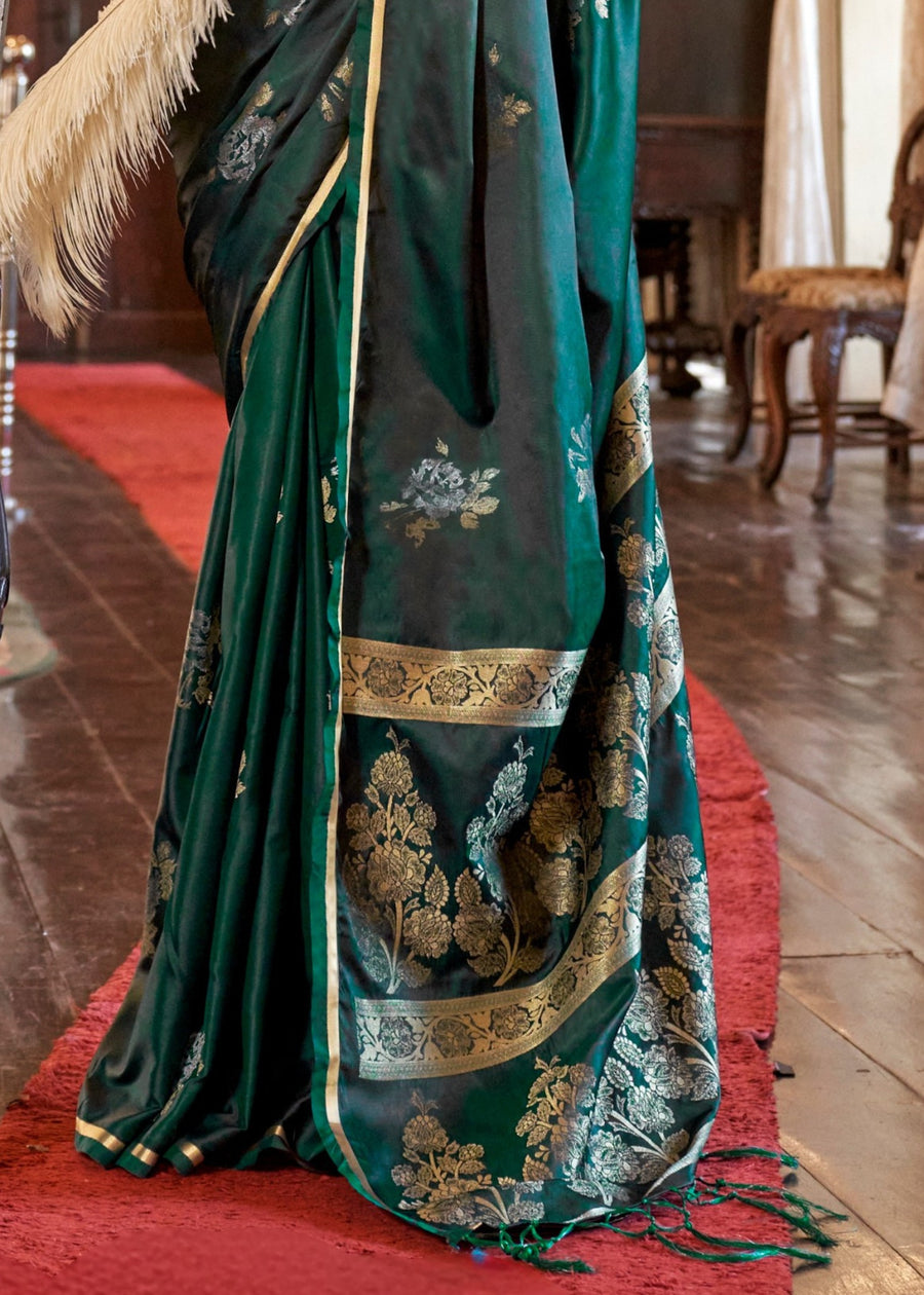Pure Banarasi Satin Silk Dark Green Handloom Saree
