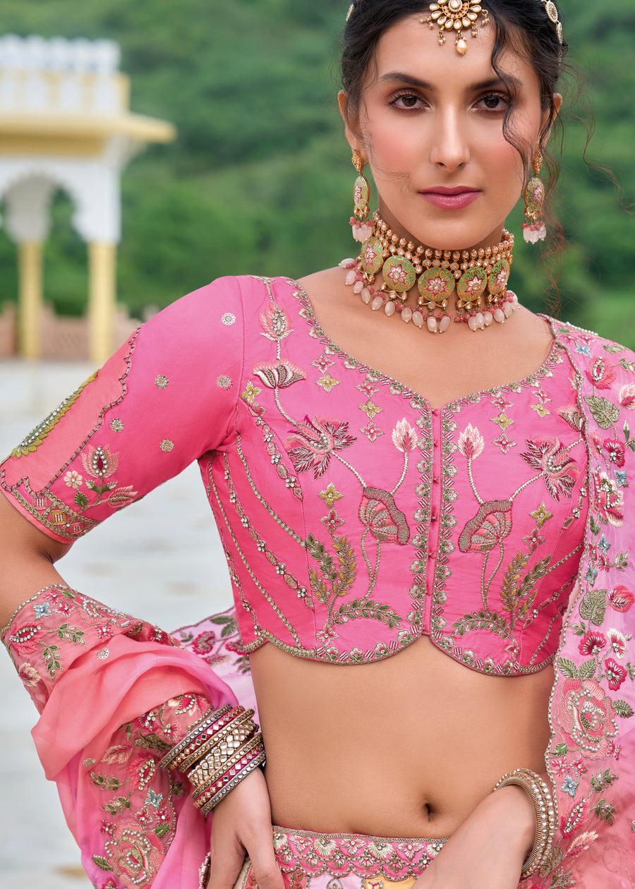 Pink and Lime Yellow Silk Lehenga Choli