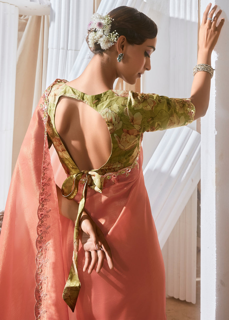Light Orange Organza Tissue Silk Embroidered Saree & Green Printed Blouse