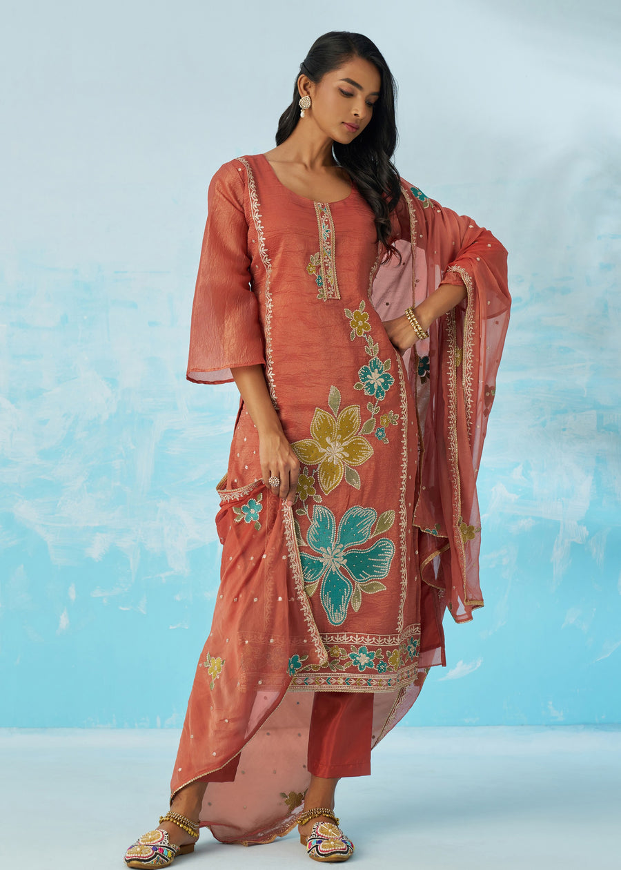 Rust Brown Crushed Tissue Silk Ethnic Pant Style Suit With Dupatta