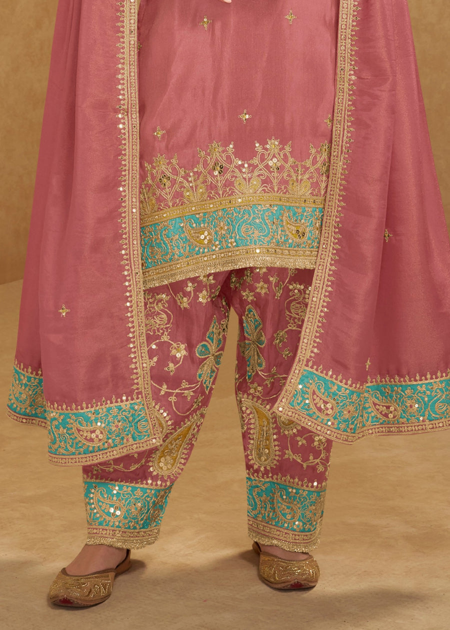 Pastel Pink Simar Silk Narrow Pant Suit Set With Dupatta