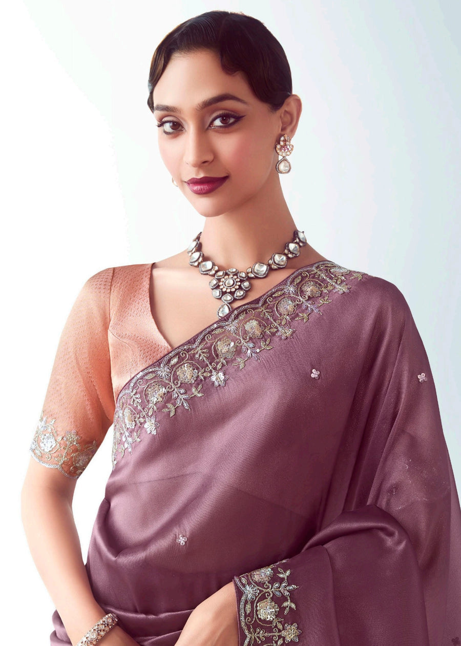 Mauve Purple Organza Tissue Silk Embroidered Saree with Peach Banarasi Blouse
