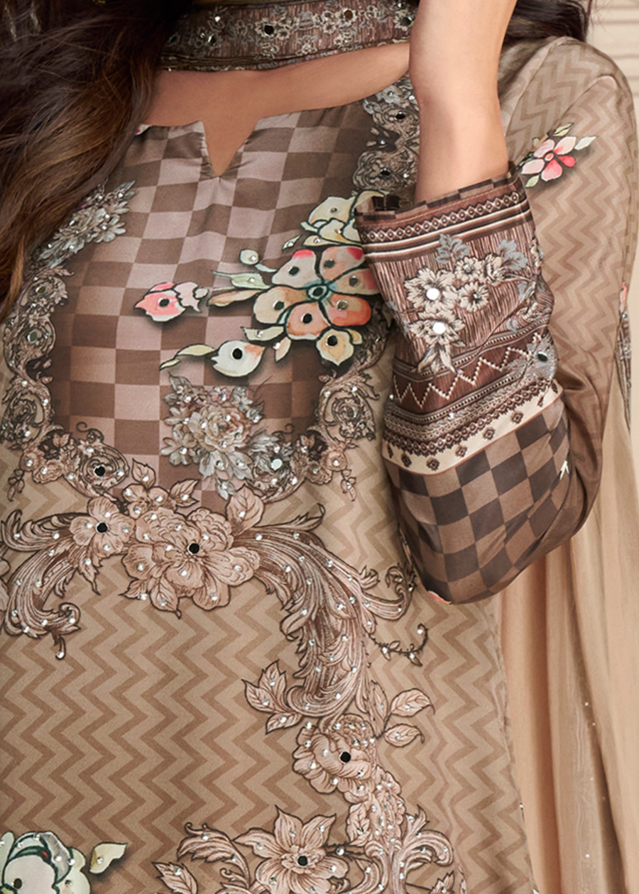 Brown Crepe Silk Sharara Suit With Dupatta