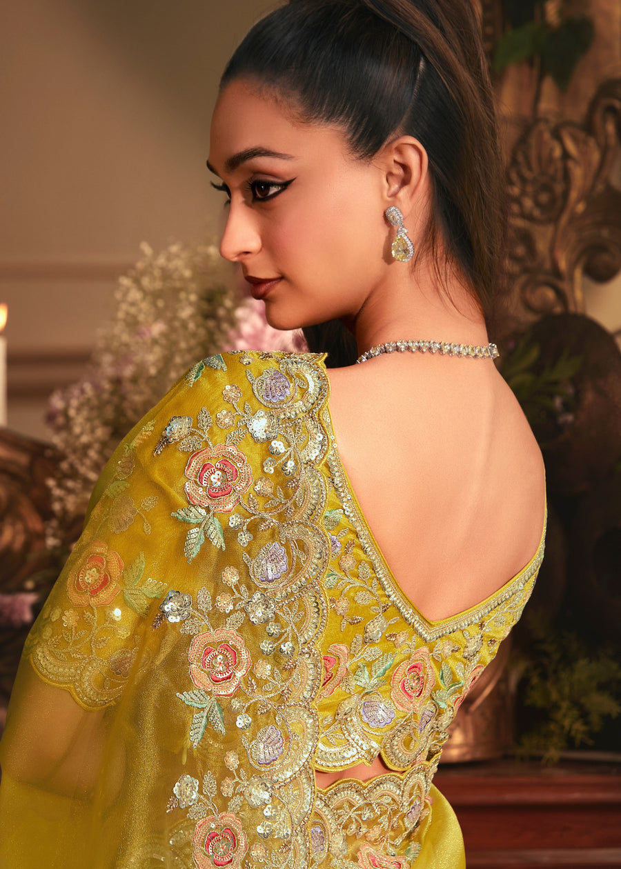 Yellow Organza Tissue Silk Saree With Embroidery Work
