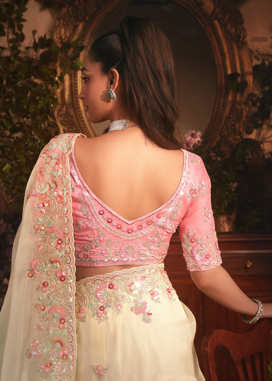 Creamy White Organza Tissue Silk Saree & Pink Blouse With Embroidery Work