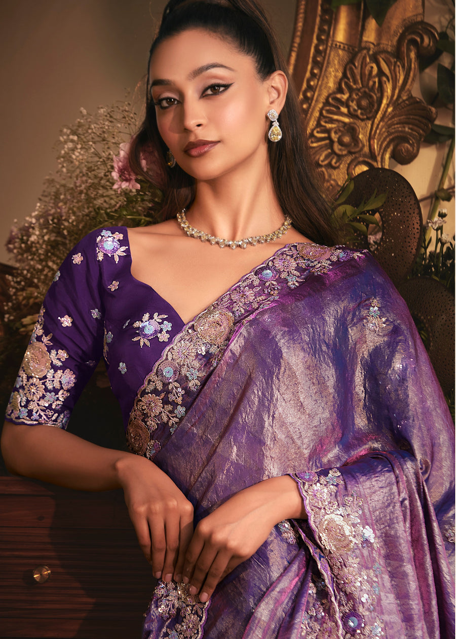 Purple Organza Tissue Silk Saree With Sequins Embroidery