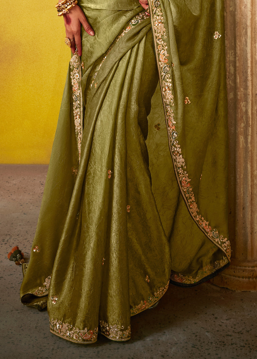 Moss Green Glass Tissue Silk Embroidered Saree & Printed Blouse