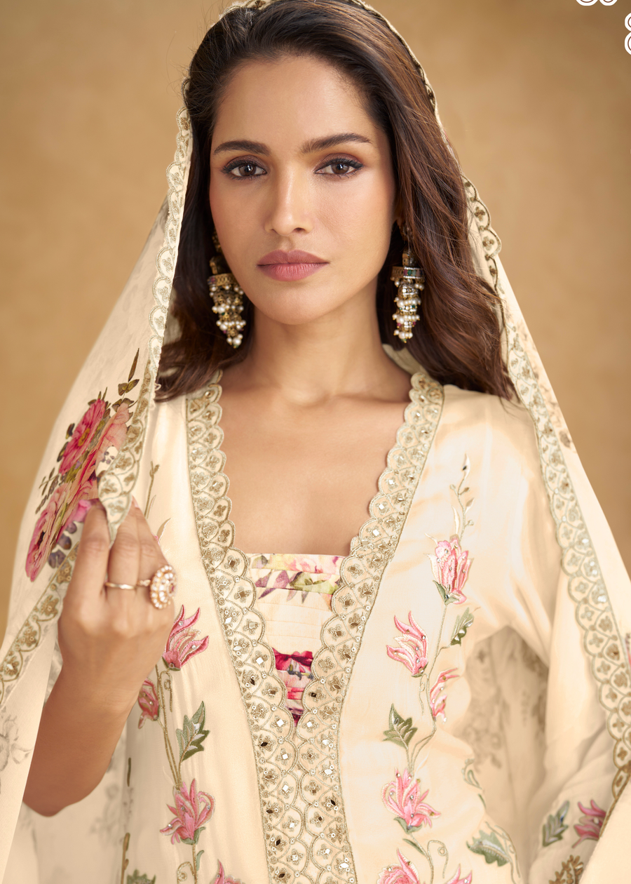 Designer Off White Chinon Silk Floral Suit Set With Palazzo & Dupatta