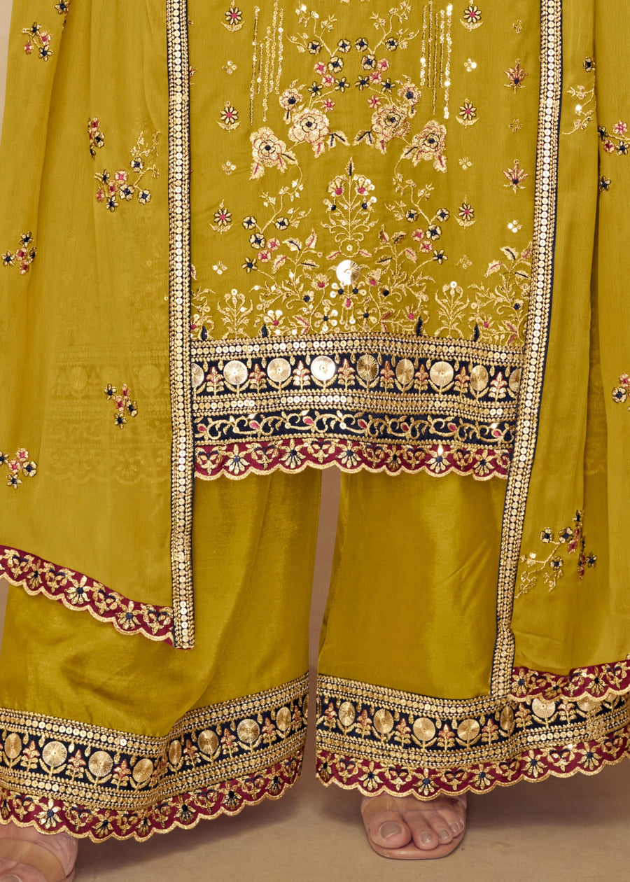 Mustard Yellow Chinon Silk Palazzo Suit With Dupatta
