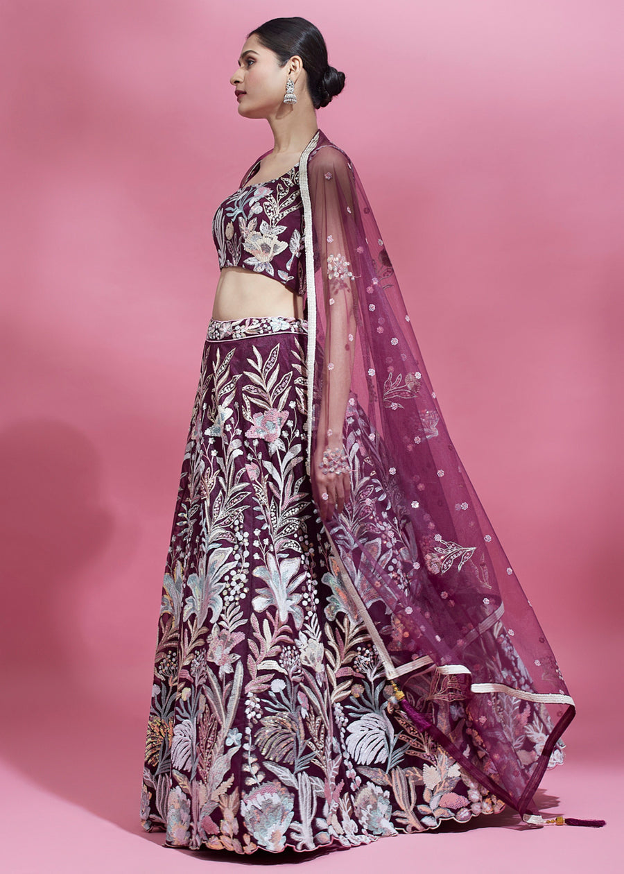 Wine Red Lehenga Choli With Sequins Embroidery