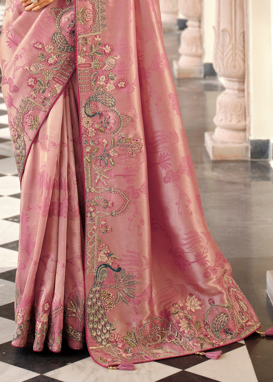 Rose Pink Soft Banarasi Silk Embroidered Saree