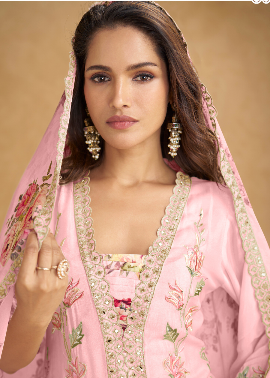 Designer Pastel Pink Chinon Silk Suit Set With Palazzo & Dupatta