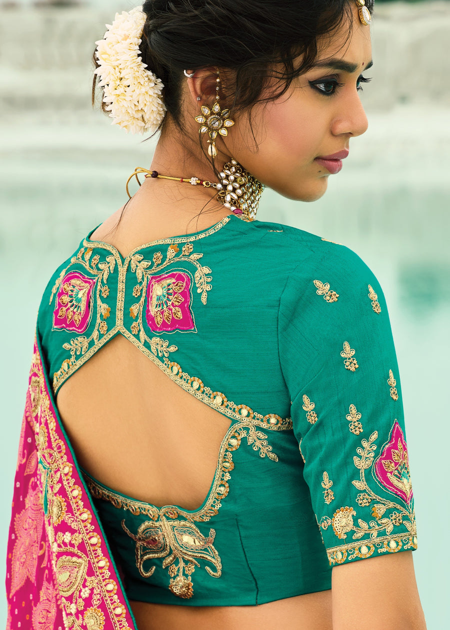 Hot Pink Khaddi Georgette Embroidered Bandhani Saree & Jade Green Blouse