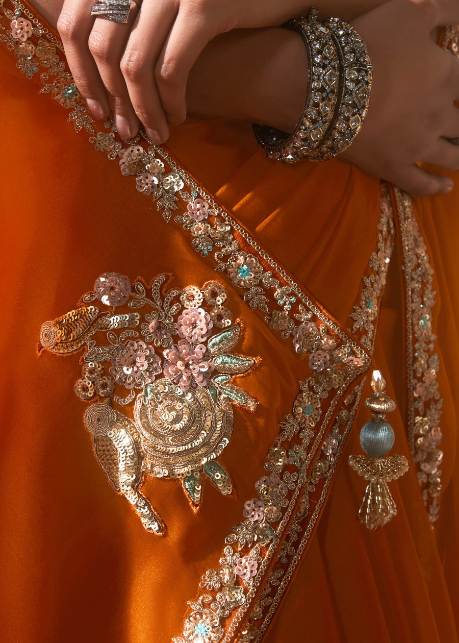 Orange Organza Tissue Silk Embroidered Saree & Printed Blouse