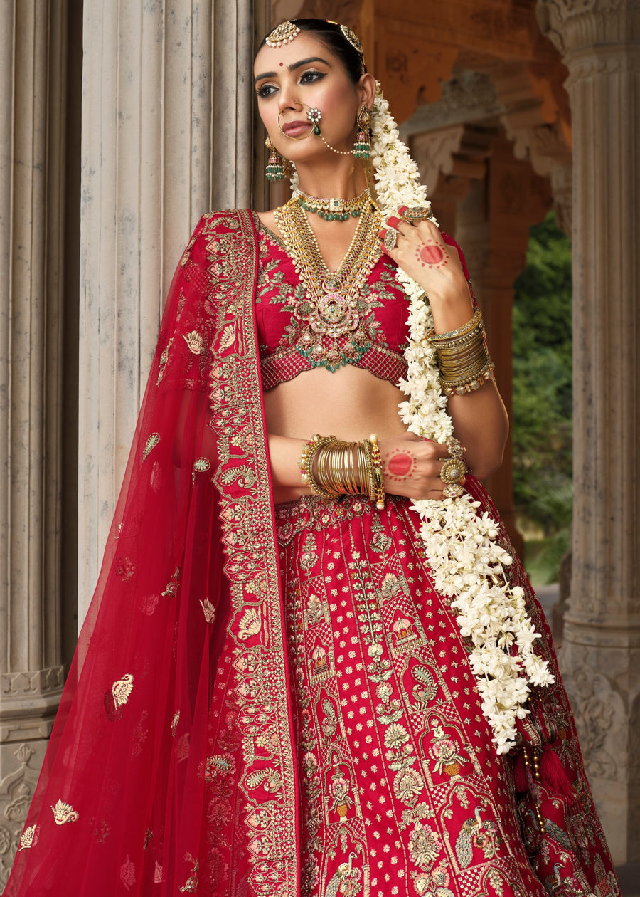 Pure Silk Red Bridal Lehenga Choli with Zari Work