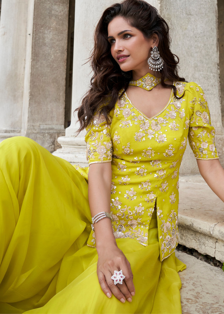 Lime Yellow Organza Silk Wide Leg Palazzo Pant Suit Set