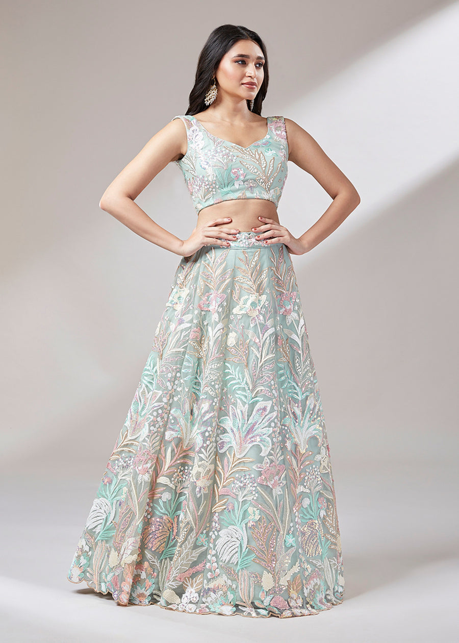 Mint Green Lehenga Choli With Sequins Embroidery