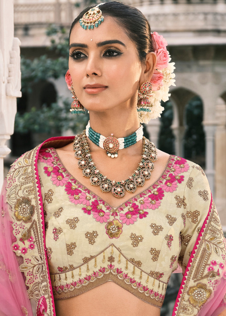 Cream & Pink Embroidered Silk Lehenga Choli