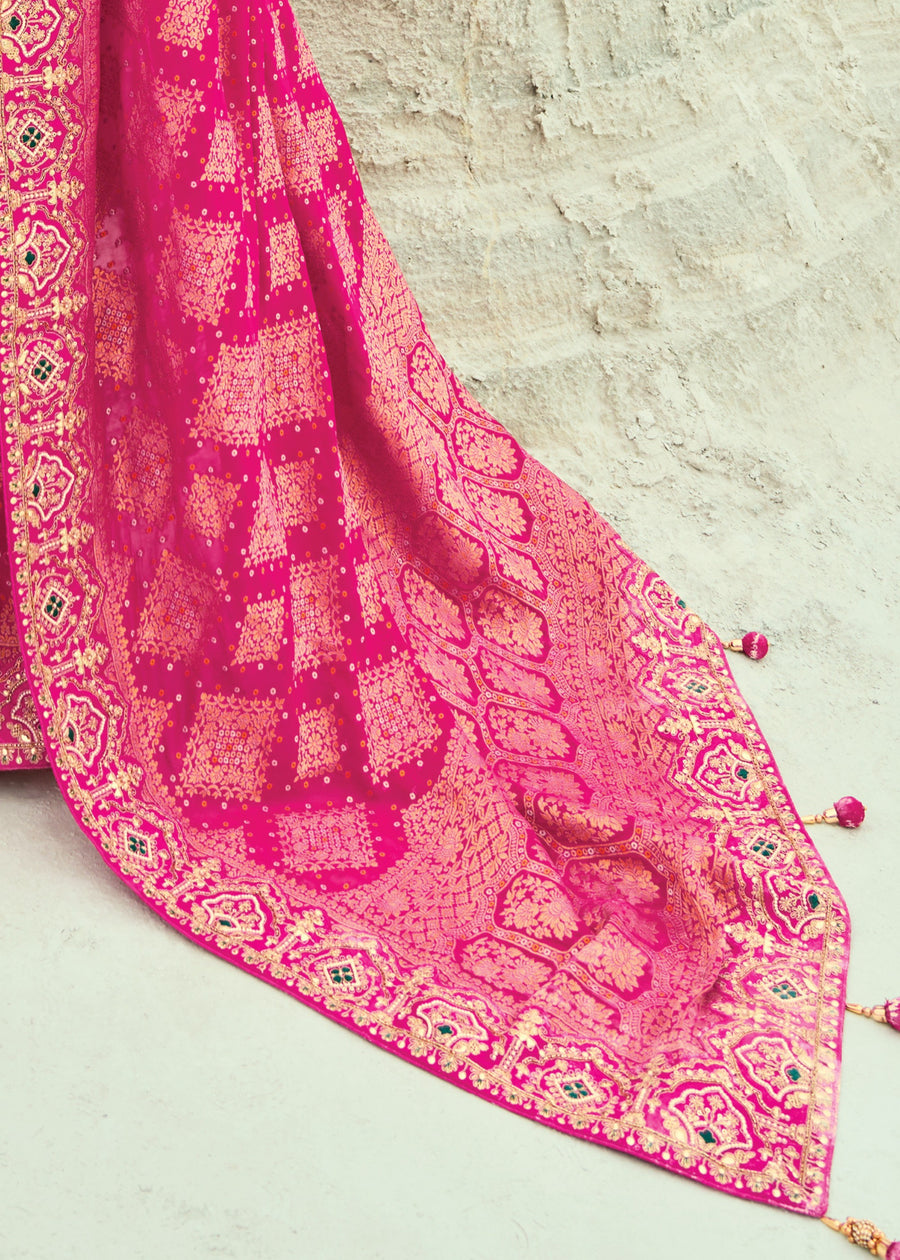 Rani Pink Khaddi Georgette Embroidered Bandhani Saree & Green Blouse