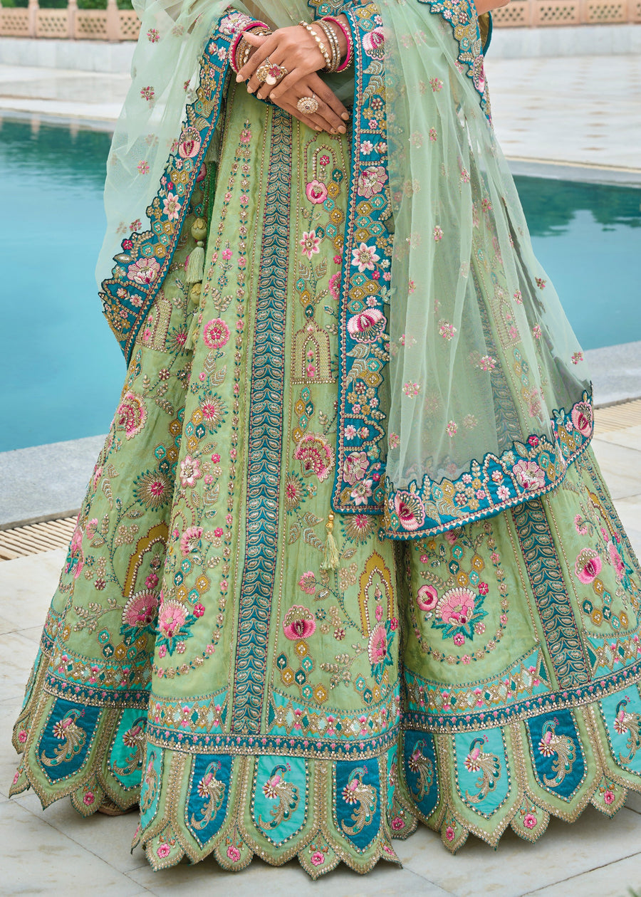 Designer Pista Green and Blue Banarasi Silk Bridal Lehenga Choli